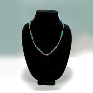 Exotic Turquoise Beaded Necklace Decorated With Brass and Silver Tone Beads